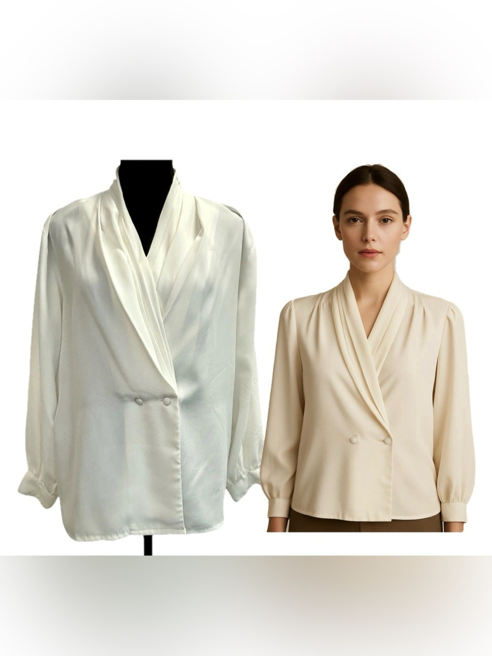 Vintage Ivory White Draped Double-Breasted Satin Blouse 12
